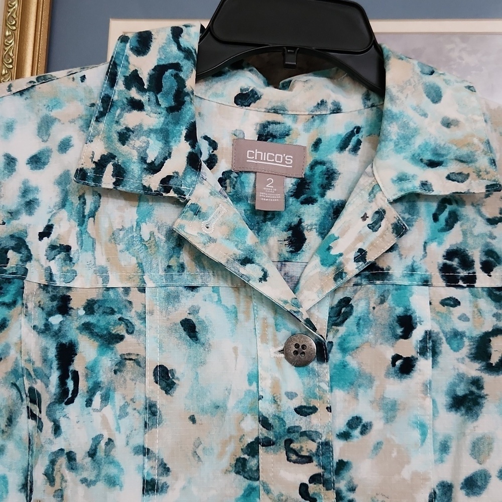 Chico's Blue Leopard Print Women's Jacket Pockets Medium Contemporary Office - Picture 4 of 8